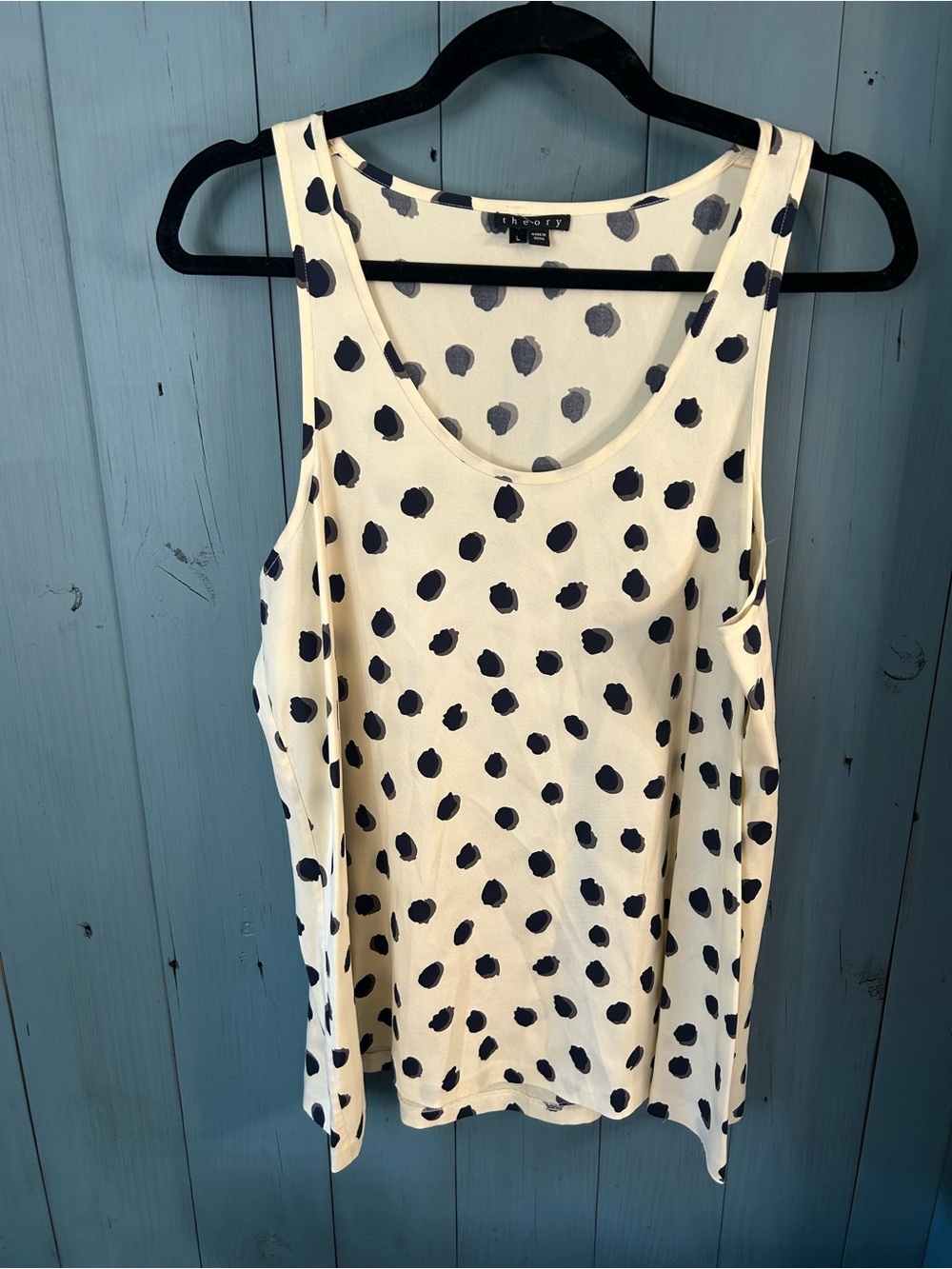Theory Ivory Sleeveless Blouse with Navy Spot Print | Size Large Classic